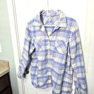 LL Bean Flannel Shirt Gray White Periwinkle Plaid Womens Size XL